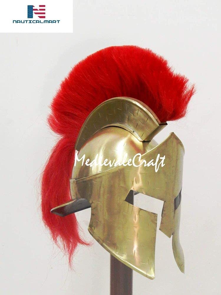 Medieval Brass Antique Spartan Helmet with Red Plume Armor Knight Halloween Costume