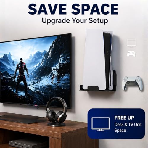 Image of PS5 Wall Mount Stand for PlayStation 5 & PS5 Slim Disc /Digital Edition Consoles, Heavy Duty Wall Mount Bracket, Space Saving Vertical Console Holder Rack, Black