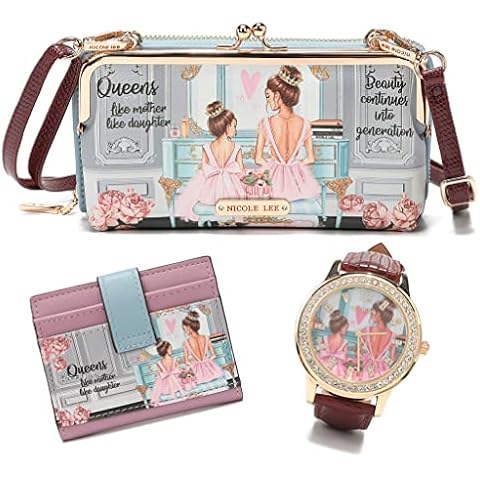 Nicole Lee 3 Pieces Accessories Gift Value Set (Wallet Crossbody, Small Card Case, Diamond Fashion Watch) (Double Queens) Cover