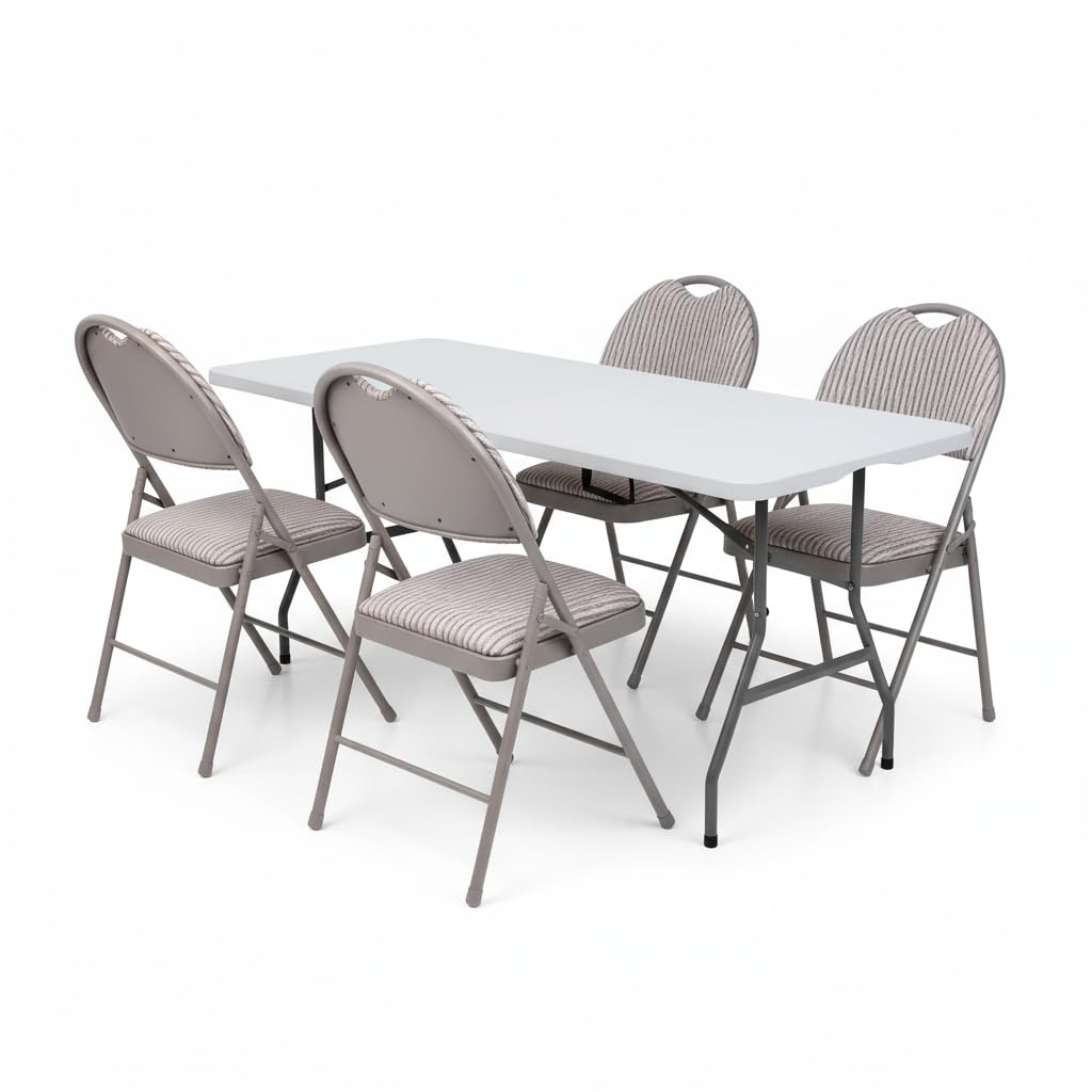 Crystals Folding Trestle Table with Chairs – Heavy Duty Camping & Catering Furniture, Durable Metal Frame, Padded or PVC Seats, Ideal for Dining, BBQ, Picnic & Events (4 Chairs + 5Ft Folding Table)