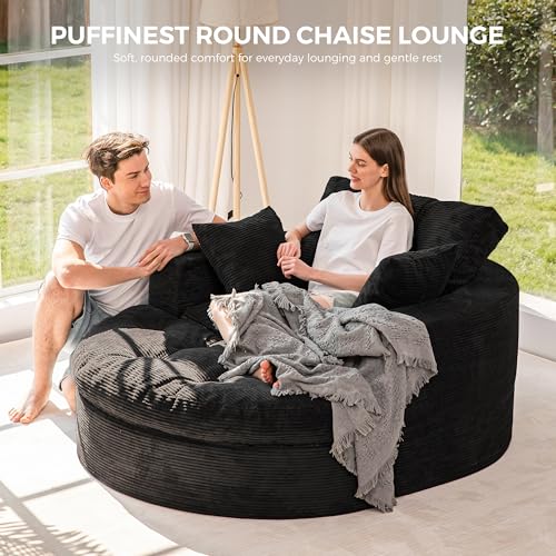 Image of MAXYOYO Modular Sectional Chaise Lounge Sofa, Round Upholstered Lounge Chair with Ottoman, Comfy Couch with Layered Cushion, Tufted Sleeper Chair for Living Room, No Assembly, Black
