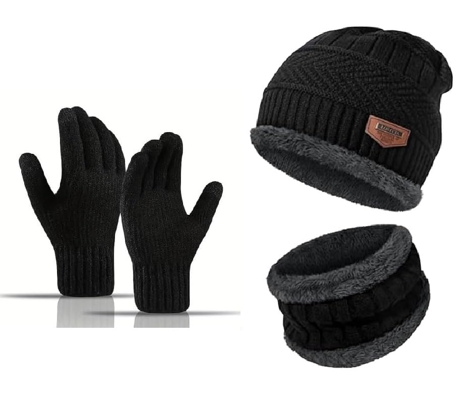 Knitted Warmer Winter Set with Beanie and Gloves, For Men & Women.