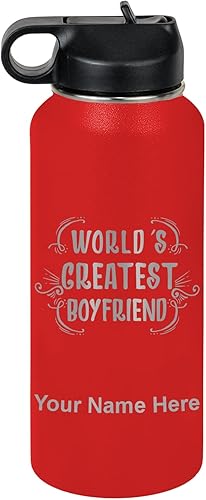 Miniatura 73 de LaserGram Botella de agua personalizada, World's Greatest Boyfriend, acero inoxidable de doble pared aislada al vacío con popote superior, regalo
