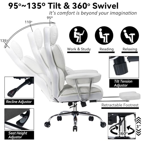 Image of Efomao Big and Tall Office Chair 400lbs - High Back Executive Chair with Swivel Base, PU Leather Upholstery, Lumbar Pillow, Padded Armrests, and Rolling Wheels,White Computer Chair
