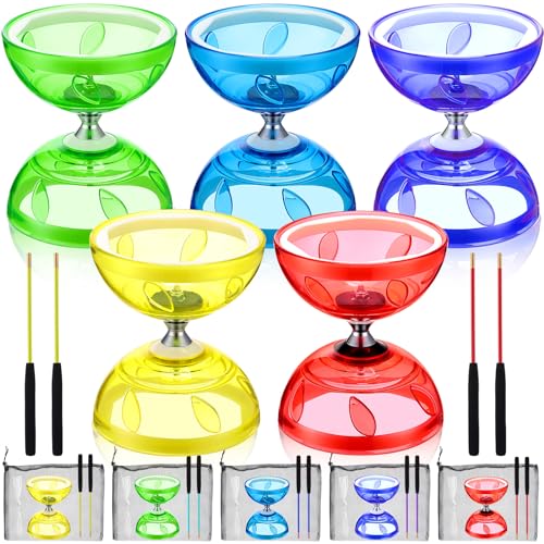 Hungdao 5 Set Chinese Diabolo Set Triple Bearing Chinese Yoyo 5” Multi Colors Diabolo Big Yoyo with 5 Pairs Fiberglass Sticks, 5 Mesh Drawstring Bags and 5 Strings