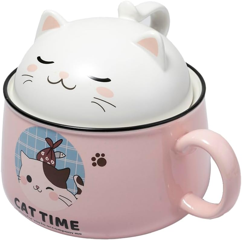 lachineuse - Ramen Bowl Kawaii Cat with Lid - Cat Time Ramen Bowl 1020 ml - Noodle Soup Bowl - Noodle Bowl - Cereal Bowls with Handle - Colour Pink