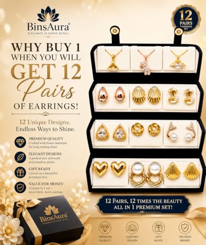 Image of BinsAura 12 Piece Jewellery Gift Set for Women with Premium Jewellery Box | 9 Korean Stud, Hoop & Drop Earrings + 3 Pendant Necklace Set | Fashion Jewellery Combo for Girls | Birthday, Anniversary, Wedding Gift