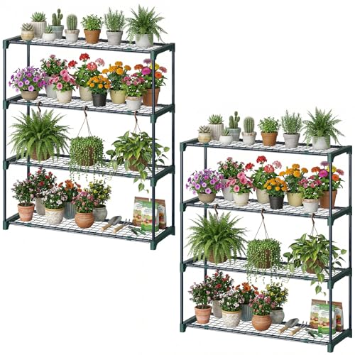 Ohuhu Plant Greenhouse Shelves 4 Tier 2 Pack Extra-Wide Stable Green House Shelving for Outdoor, 35x12x42 Inch Portable Rustproof Metal Shelf Plant Stand Rack Greenhouse Accessories