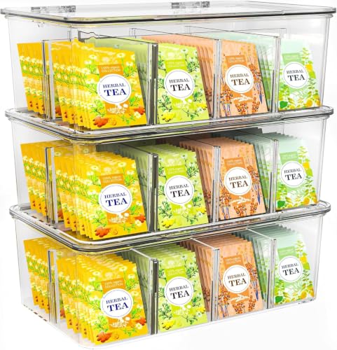 KICHLY Teebeutel-Organizer 3 Stück stapelbarer Teebeutel-Aufbewahrungs-Organizer mit transparentem Deckel Teebeutelhalter für Arbeitsplatten Küchenschränke Speisekammer Süßstoffe Kunststoff