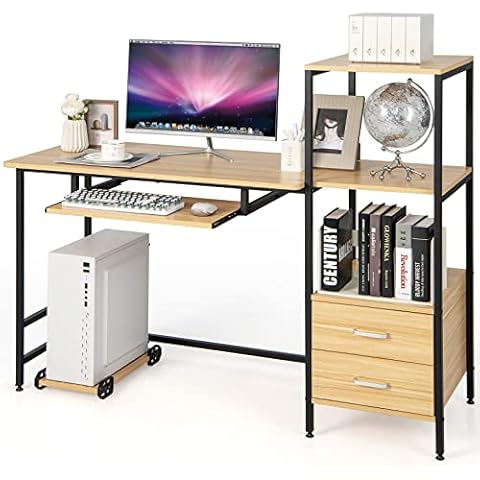 LIFEZEAL Computertisch mit Tastaturauszug und Mainframeablage, Schreibtisch mit Schubladen und Regalen Cover