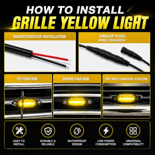 Image of Car Front Grill Set of 4 Pcs Universal Smoked Shell Style DRL Emergency Warning Off-Roading Lights (4 X 4) for All Cars, Vans, SUV, Trucks (Yellow)