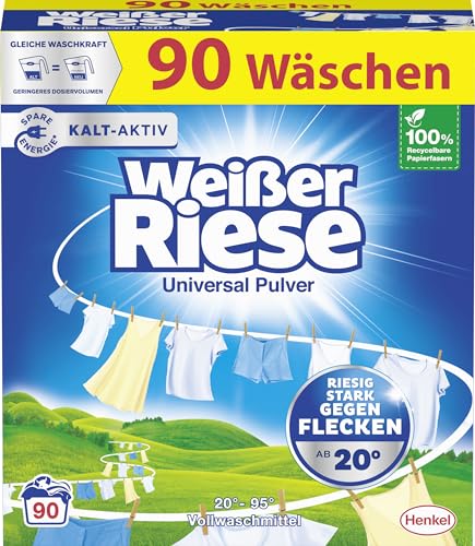 Weißer Riese Universal Powder (90 Washes), Full Detergent Works Huge Strong Against Stains, Cold Active from 20°C, Rich Washing Powder, Ideal for Families with Children
