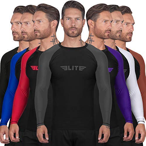 Men's Jiu Jitsu BJJ Rash Guard, Long Full Sleeve Compression Shirt for Sports Nogi Training, IBJJF Rank Color