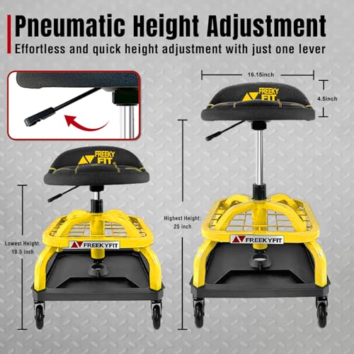 Image of Rolling Shop Stool with Wheels, Garage Work Mechanic Stool with Backrest, Roller Mechanic Chair, Adjustable Height, 360 Swivel, Tool Tray Storage, 330 LBS Capacity, Heavy Duty, Yellow