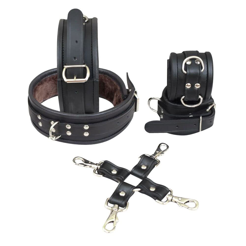 Ardour Crafts CC-3017 Black Real Leather Thigh & Wrist Cuffs 5 Pieces Set Restraints Hog-tie Fur Line
