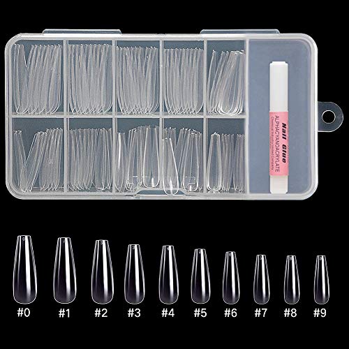 Buqikma Coffin Nails Long Clear Fake Acrylic Nails Coffin with Nail Glue Artificial Coffin Shaped Nail Tips with Box (Clear)