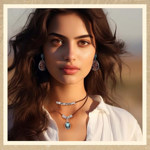 Misdary 3 Pcs Rustic Western Jewelry for Women Cowgirl Jewelry Set Turquoise Necklace Earrings Cuff Bangle Bohemian Bracelet for Women4