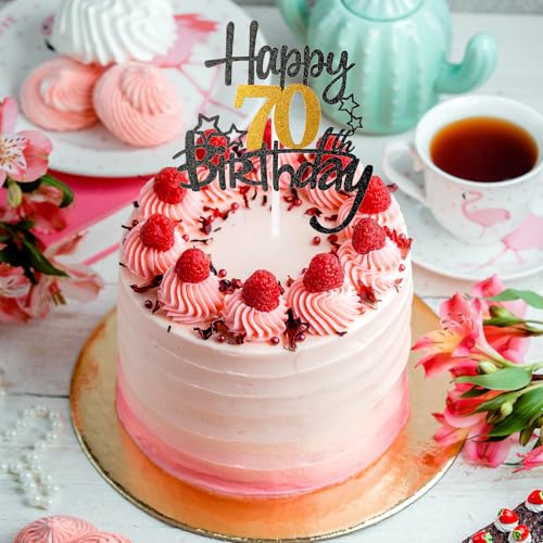 Happy 70th Birthday Cake Topper, Black Gold Glitter 40th Birthday Cake Topper, 70th Birthday Cake Pick Cake Decoration for Happy 70th Birthday Anniversary Party Supplies - Image 5