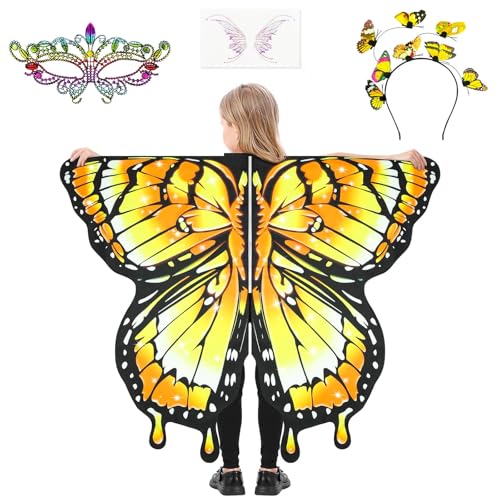 AUYAO Costume da Farfalla per Bambini, 4 Pezzi Mantello Ali Farfalle con Maschera, Fascia per Capelli e Adesivo, Mantello Ali Farfalla Bambina Set, Colorate Scialle Farfalle per Feste Carnevale