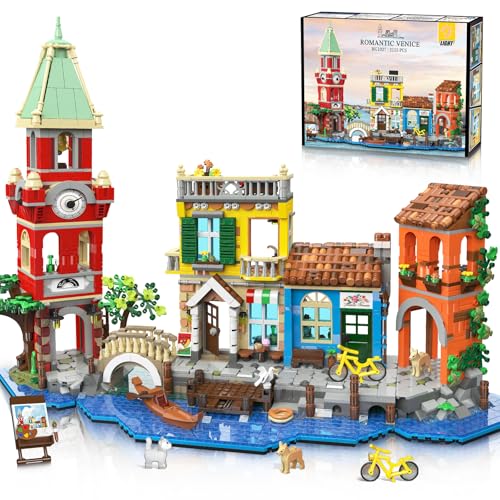 PLAXSOON Venice Main Street Building Set for Adults, 2155 PCS City Riverside House Building Block Kit with Light Flower Shop Pizzeria, Home Decor Architecture Brick Model Women Men Teen Girl 12+