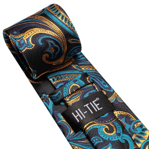 Image of Hi-Tie Men Silk Ties Set with Flower Lapel Pin Necktie Pocket Square Cufflinks for Tuxedo Wedding Business
