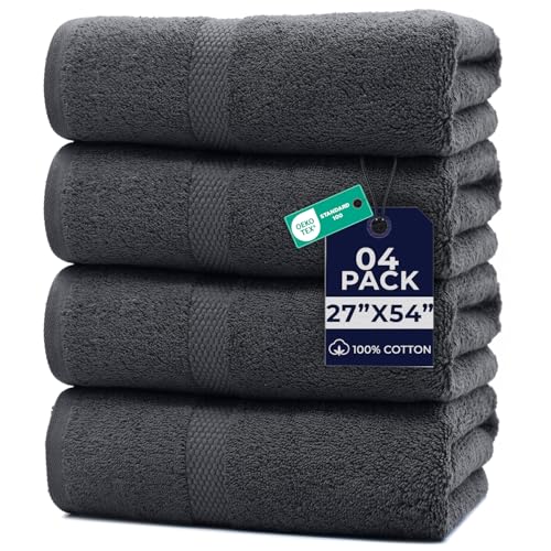Image of DAN RIVER Bath Towels Set of 4, 27 x 54 Inches, 100% Cotton, Larger & Lighter Weight, Quicker to Dry, Super Soft and Absorbent, Ideal Cotton Bath Towels for Daily Use, Dark Gray