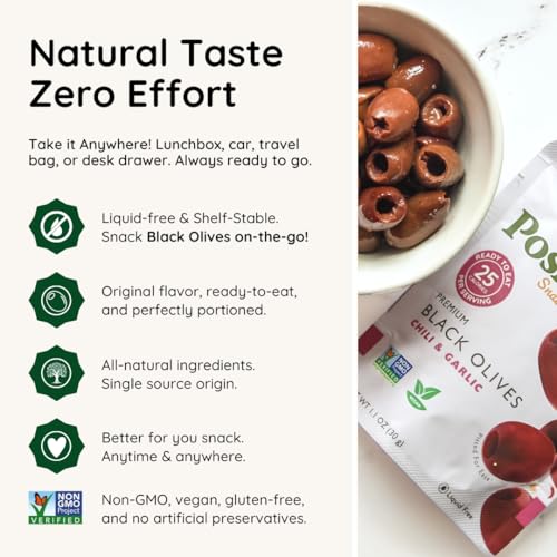 Image of POSHI Black Pitted Olive Snack Packs, Chili & Garlic, 1.1 oz (Pack of 30)