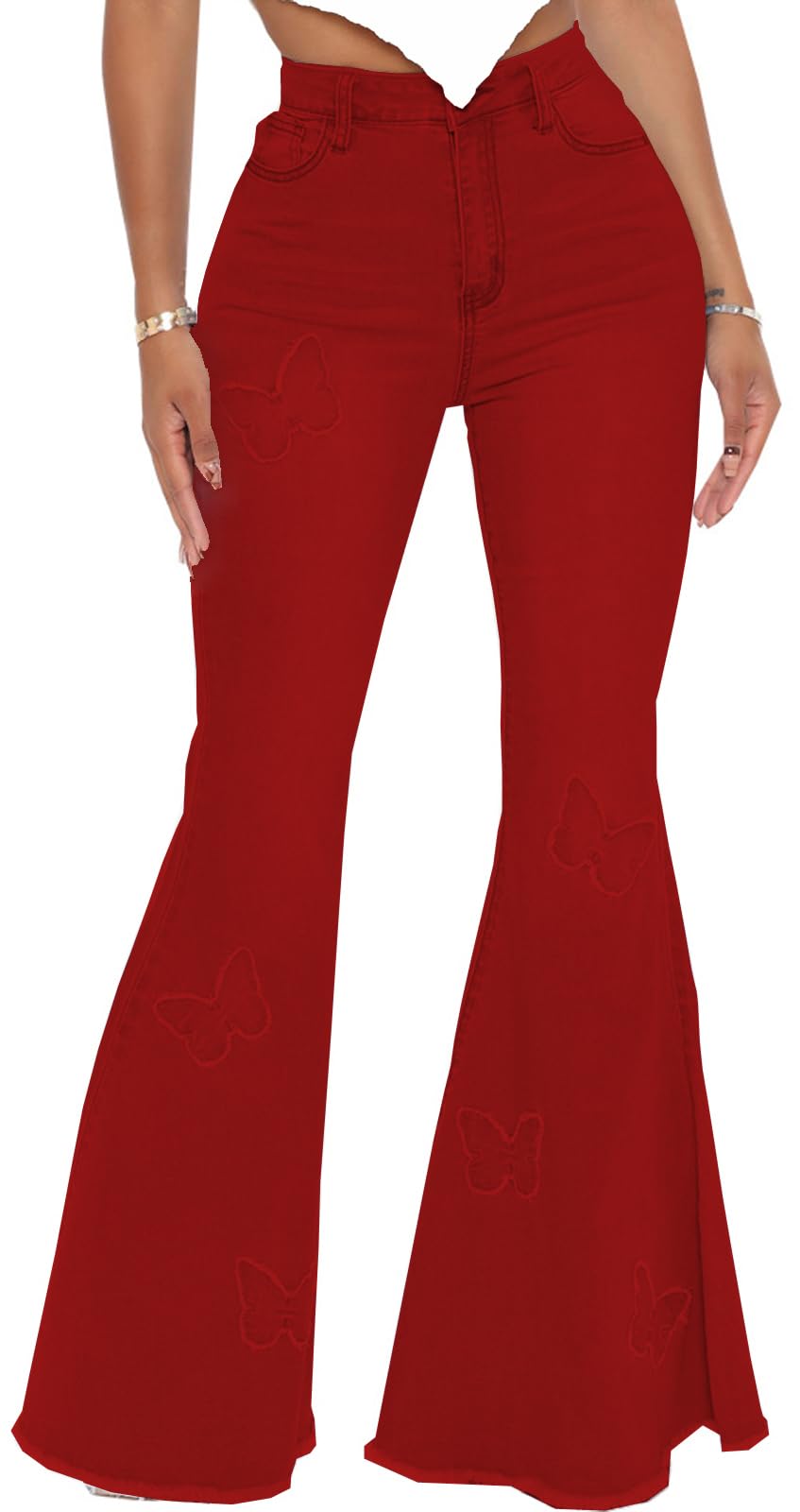 Women's Butterfly Bell Bottom Jeans Elastic High Waisted Embroidered Classic Flareed Jeans Raw Hem Denim Pants with Pocket