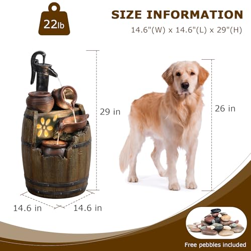 Water Fountain Outdoor Rustic Barrel,4 Tiered Wood Barrel Cascading Water Fall Fountains Outside Feature with LED Lights for Garden, Patio, Porch, Backyard Decor 14.6