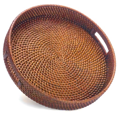 JUNGLE CULTURE® Handcrafted Round Wicker Tray 14” • Large Decorative Rattan Serving Basket for Coffee Table, Ottoman, Kitchen Counter • Boho Woven Home Decor Centerpiece • Natural Circle Trays • Brown