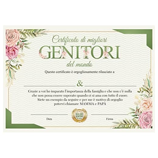 Certificato migliori genitori del mondo. Attestato Diploma per anniversario genitori. Idea regalo originale per mamma e papà. Biglietto di auguri Personalizzato compilabile con nome data firma + busta