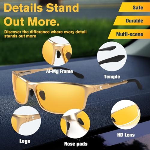 Image of BIRCEN Night Vision Glasses for Driving: Al-Mg Metal Yellow Anti-Glare Night Glasses Reduce Eye Strain for Drivers Rain Fog Snow