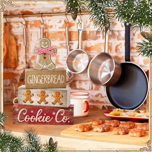 Image of Moucuny 4 Pcs Christmas Table Decor Gingerbread Man Decoration Christmas Centerpiece Winter Tiered Tray Decor Rustic Gingerbread Block Signs Gift Winter Table Decoration for Xmas Party Kitchen Home