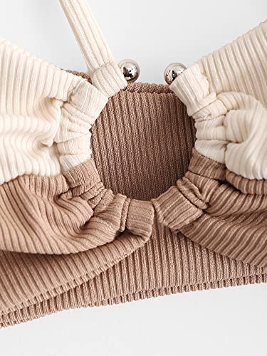 Zaful Women's One Shoulder Bikini Ribbed Two Tone Colorblock High Cut Swimwear (Light Coffee, M) #TOP27