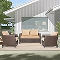 U-MAX 3 Pieces Outdoor Wicker Sectional Sofa Set, All Weather Rattan Garden Patio Furniture Conversation Couch Set with Single Sofa Chairs and Love Seat, Brown
