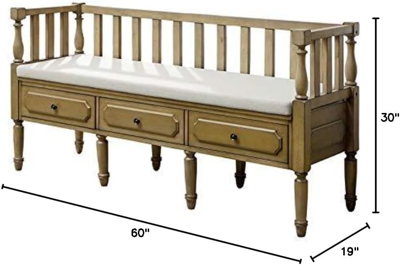 BOWERY HILL Transitional Wood Storage Bench, Natural Tone Finish, 60" W x 19" D x 30" H, Upholstered Seat with Foam Cushioning, Slatted Backrest, 3-Drawer Storage, Living Room or Entryway Furniture