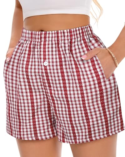 Image of Women Boxer Shorts Summer Gingham Pj Casual Plaid Bottoms with Pocket