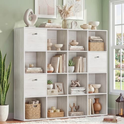 16 Cube Storage Organizer White Bookcase with 2 Fabric Drawers Freestanding Book Shelf for Bedroom Living Room Office Cubby Shelf Display Rack with Open Shelves Washed White Bookshelf 47 Wide