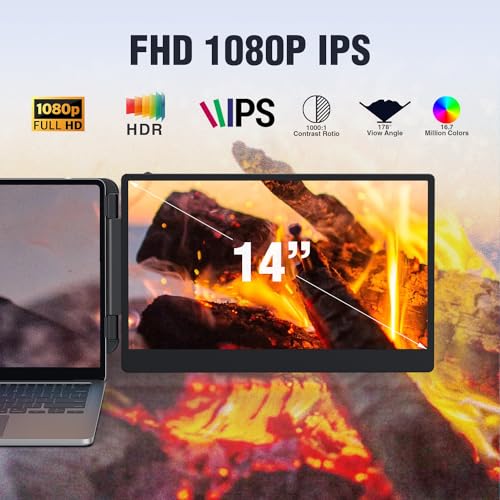 14'' 1080P Portable Dual Monitor Extender for Laptops - USB C & HDMI, Plug-and-Play for Mac & Windows, Fits 13''-17.3''