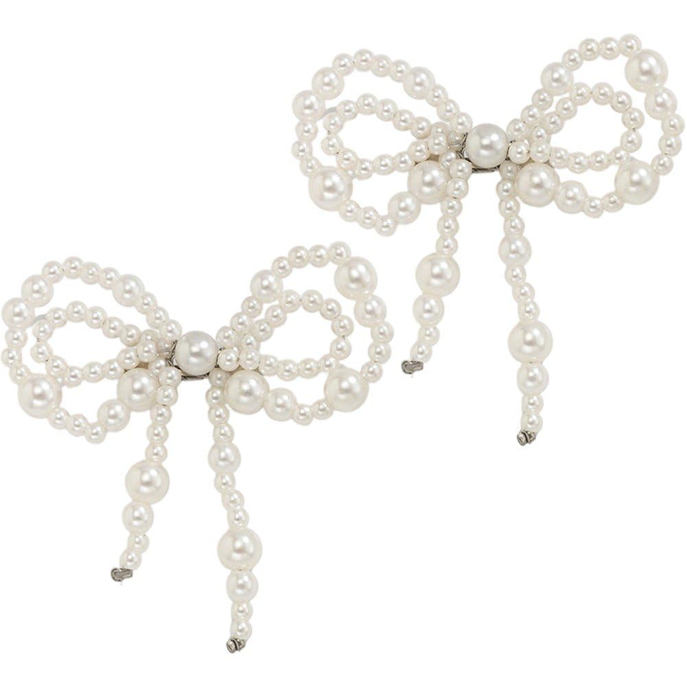 Sslvya 2 Pcs Pearl Bow Brooch Pins Pant Waist Tightener Pins for Clothes Sweater Shawl Collar Dress Cardigan Adjustable Fixed Pin