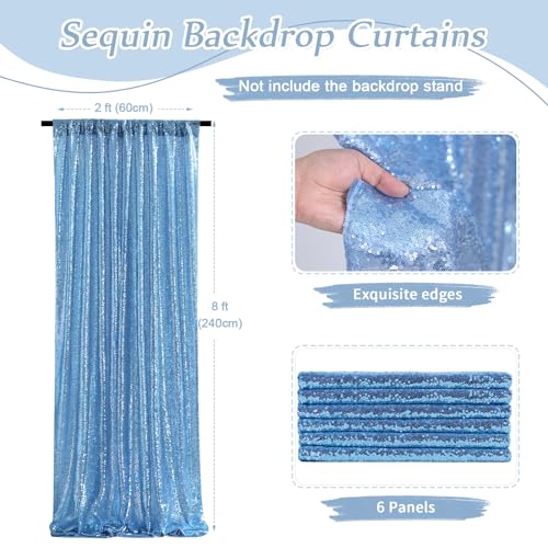 Image of SoarDream Baby Blue Glitter Sequin Backdrop Curtains 6 Pieces 2ftx8ft Dessert Backdrop Wedding Party Decor Glitter Photography Background Christmas Party Decoration