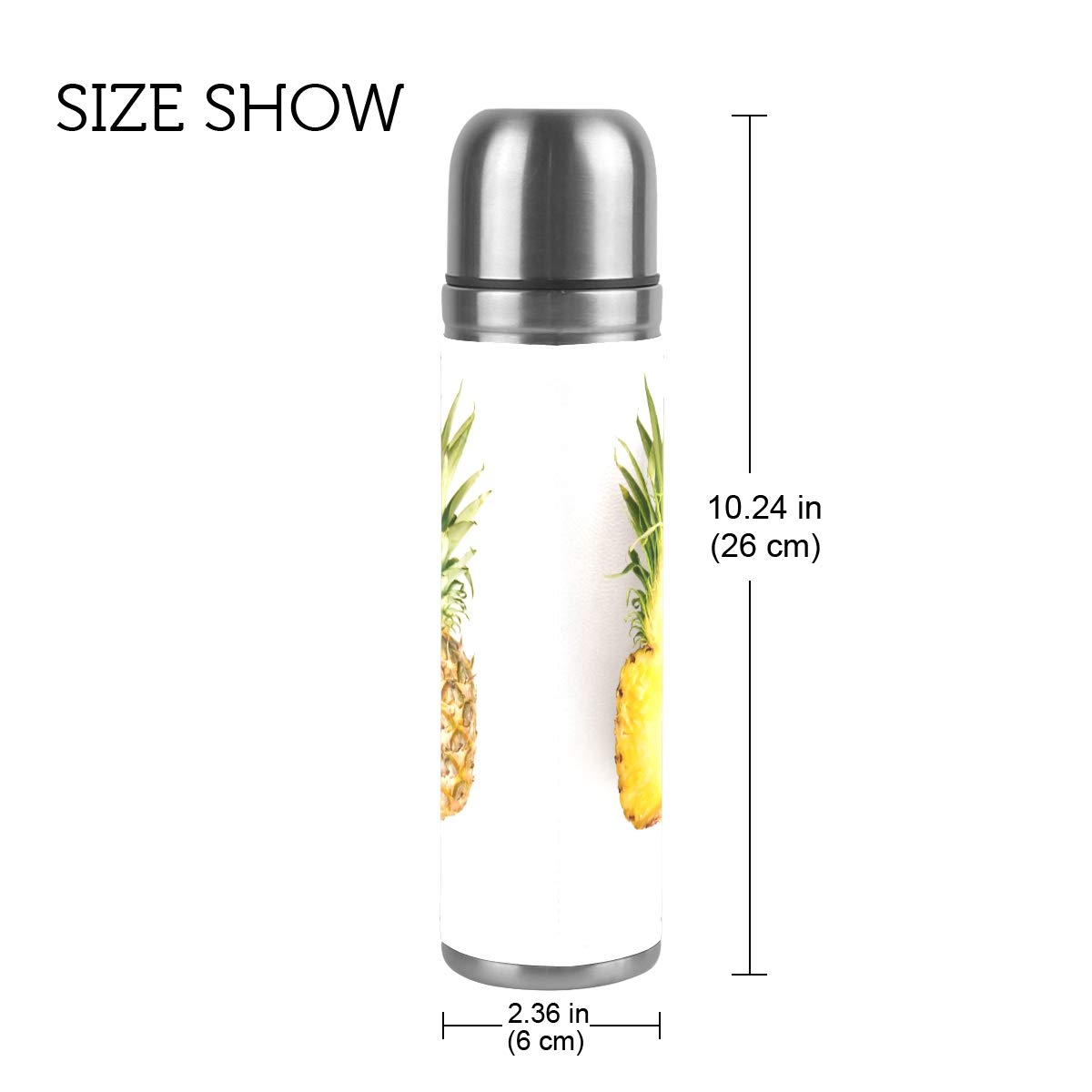 Taza de viaje aislada al vacío de acero inoxidable con doble pared a prueba de fugas, botellas de piña, impresión personalizada impresa en piel auténtica, termo termo de 500 ml