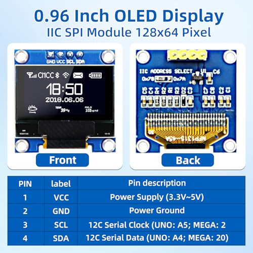 Image of 5 Pcs 0.96 Inch IIC I2C OLED Display Module, 128x64 Pixel SSD1306 Mini Self-Luminous OLED Screen Board Compatible with Arduino Raspberry Pi (White)