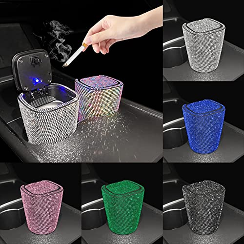 Image of ikasus Car Ashtray LED Lights with Cover Windproof and Odor-Proof Bling Bling Diamond-Encrusted Detachable Mini Car Trash Can Car Accessories for Vehicles Office Home Outdoor (Pink)