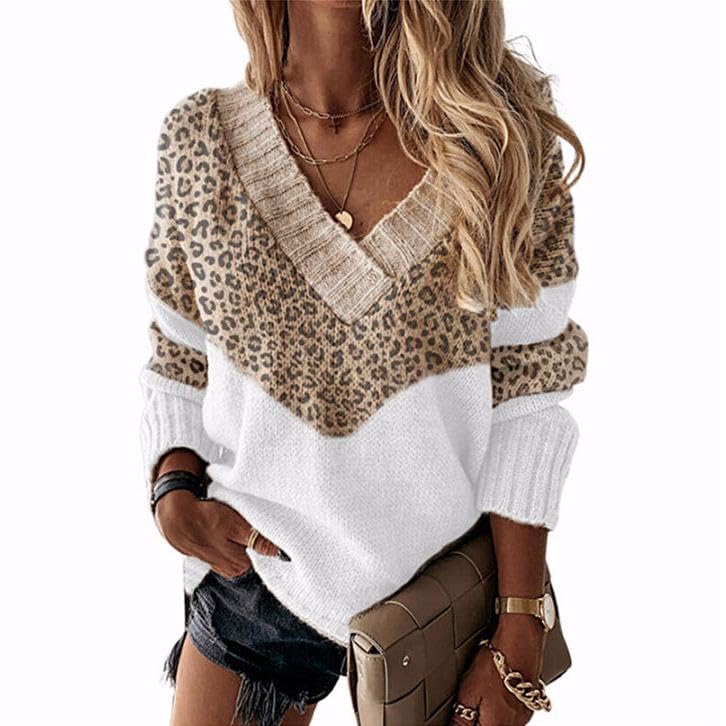 Womens Long Sleeve V Neck Oversized Sweater Casual Fall Winter Leopard Striped Color Block Knit Top Pullover