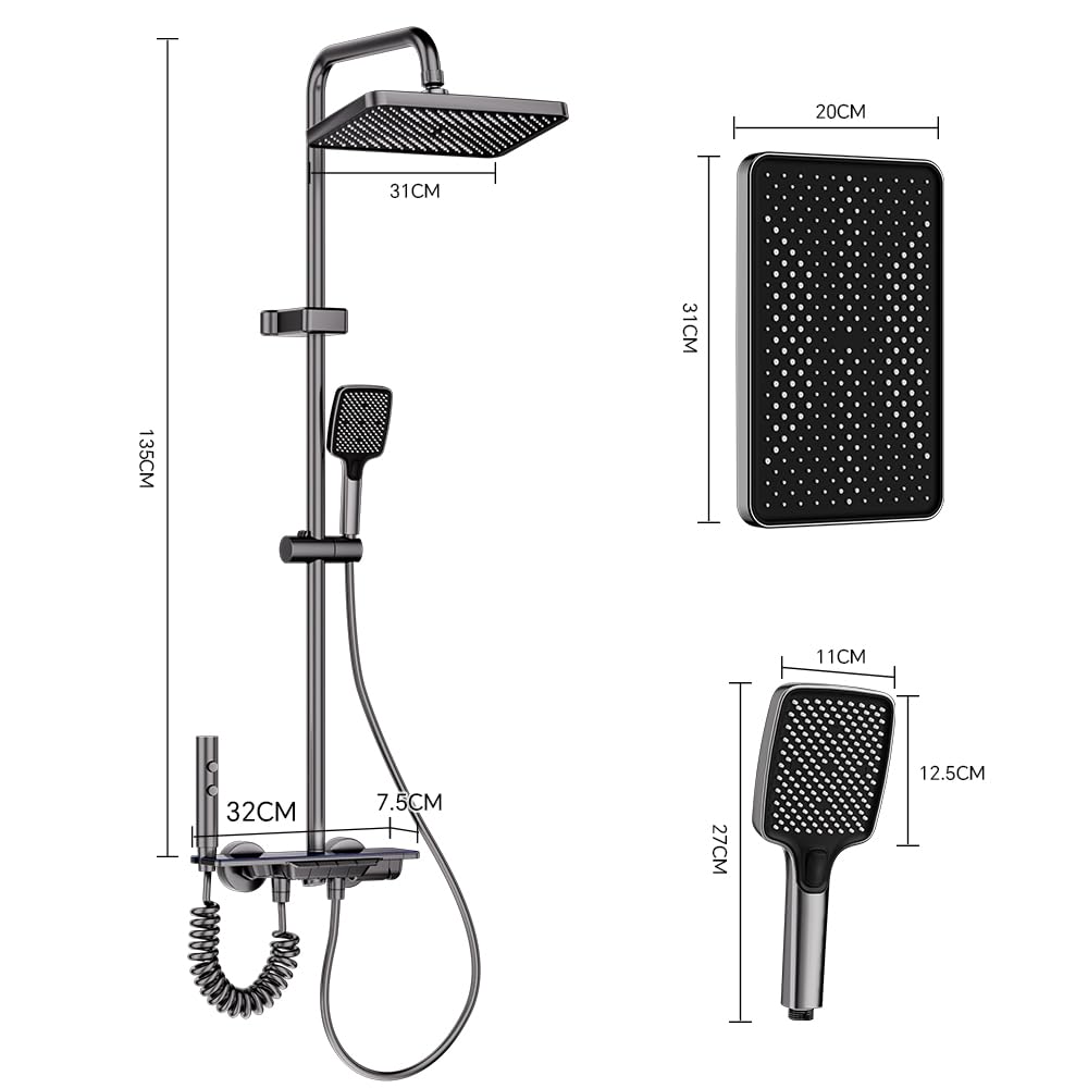 Columna de ducha gris titanio con cabezal de ducha cuadrado. 4 modos y altura ajustable. Ducha, chorro, grifo, cabezal de ducha grande (cabeza cuadrada)