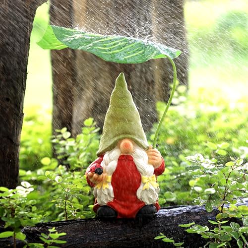 WSHMZYHOME Garden Female Gnome Statue Decoration with Leaf Umbrella, 7.5” Figurine Ornament for Indoor Outdoor Home Patio Yard Lawn, for Gnome Lovers & Garden Enthusiasts，Mom，Women