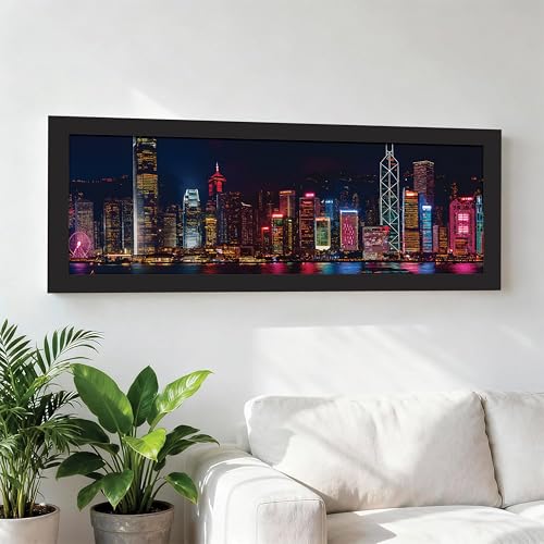 Image of PAINTINGMANTRA Vibrant Hong Kong Skyline at Night Cityscape Wall Art Framed Luxury Paintings for Home Decoration, Living room, Bedroom and Office Decoration (99x38 CM)