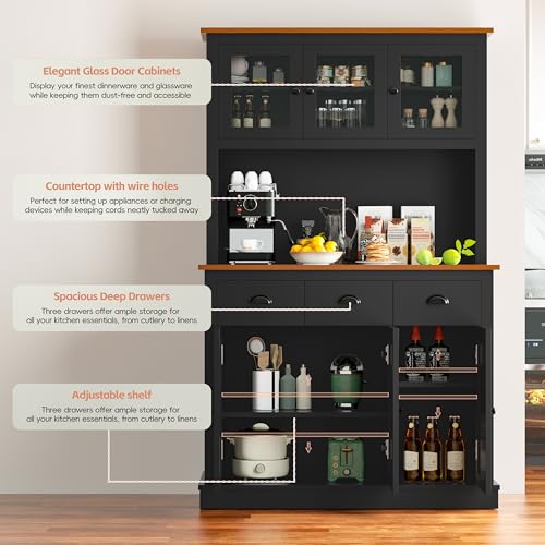 Image of MU 71 inch Kitchen Pantry Cabinet with Charging Station, Tall Pantry Hutch with Drawers, Countertop & Microwave Shelf, Food Storage Cabinet for Dining Room & Coffee Bar, Black