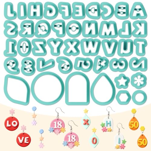 Image of ORIGACH 44 Pcs Alphabet & Number Theme Polymer Clay Cutters Set Frame Flower Earring Clay Cutter DIY Craft Supplies for Earring and Jewelry Making